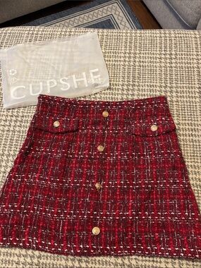 CUPSHE Red Tweed Button-Front Mini Skirt with Gold Buttons